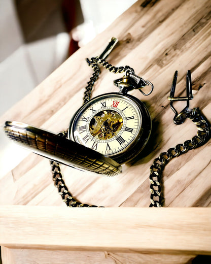 Pocket watch with a visible mechanism – personalization option through engraving