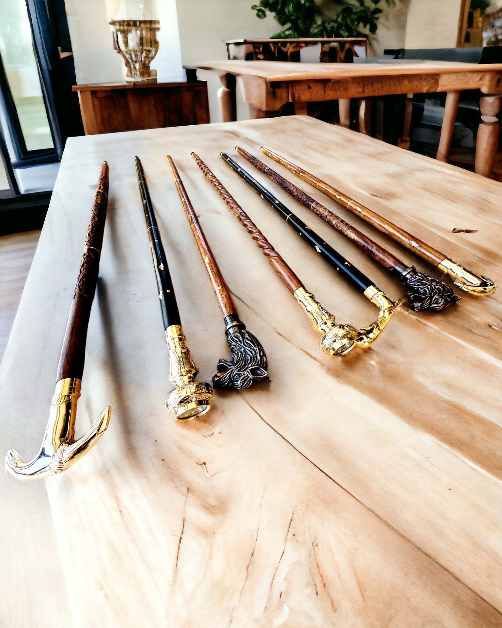 Hand-Carved Travel Cane, for Walking "Royal Wanderer" in brown with golden embellishments