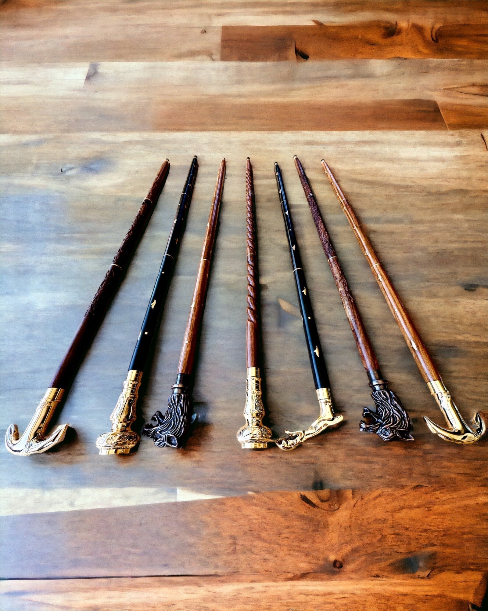 Hand-Carved Travel Cane, for Walking "Royal Wanderer" in brown with golden embellishments