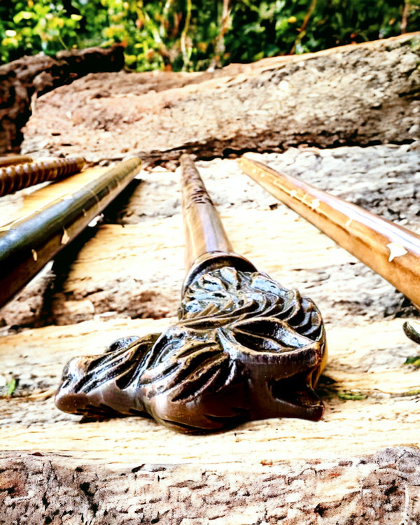 Walking Stick 'Wolf' - Engravable Indian Mango Wood, brown with carved pattern