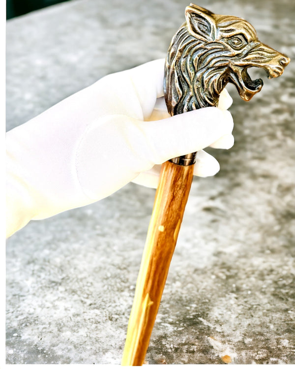 Walking Stick 'Wolf' - Indian Mango Wood with Engravable Handle, Brown with Gold Decorations