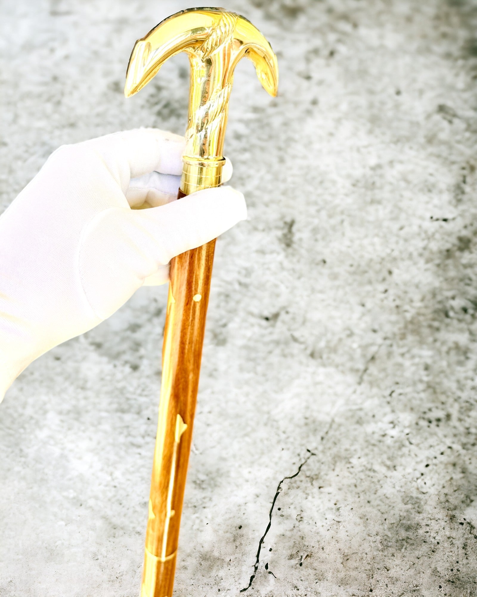 Hand-Carved Travel Cane, for Walking "Royal Wanderer" in brown with golden embellishments