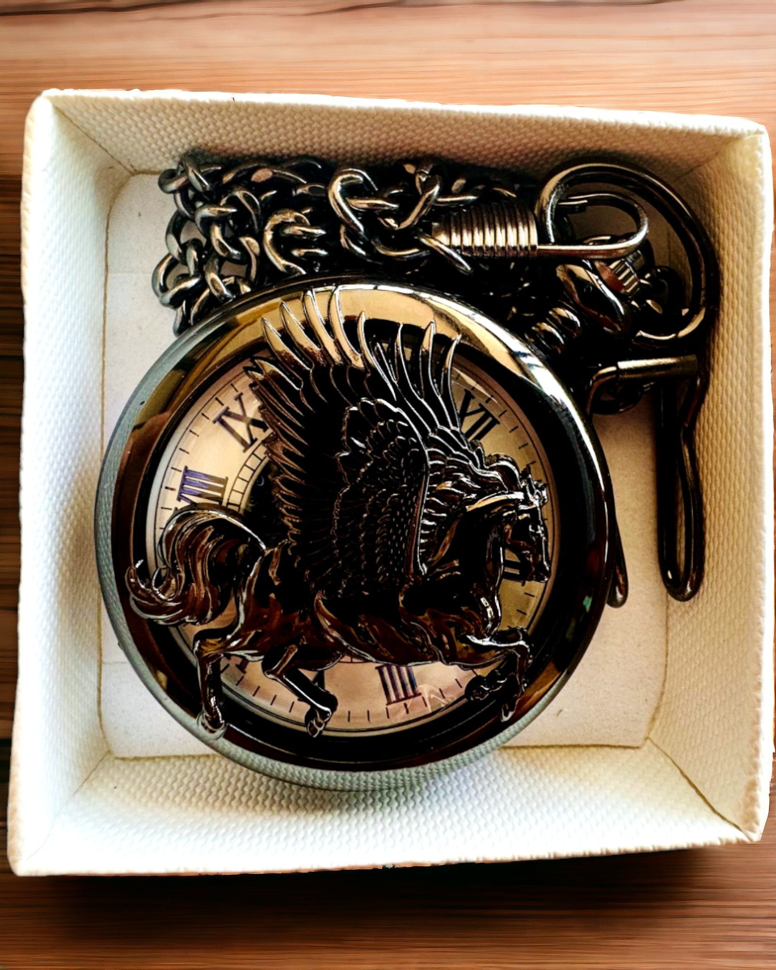 Pocket Watch "Equus Tempus" - Black with Horse Motif, personalization option with engraving - white dial