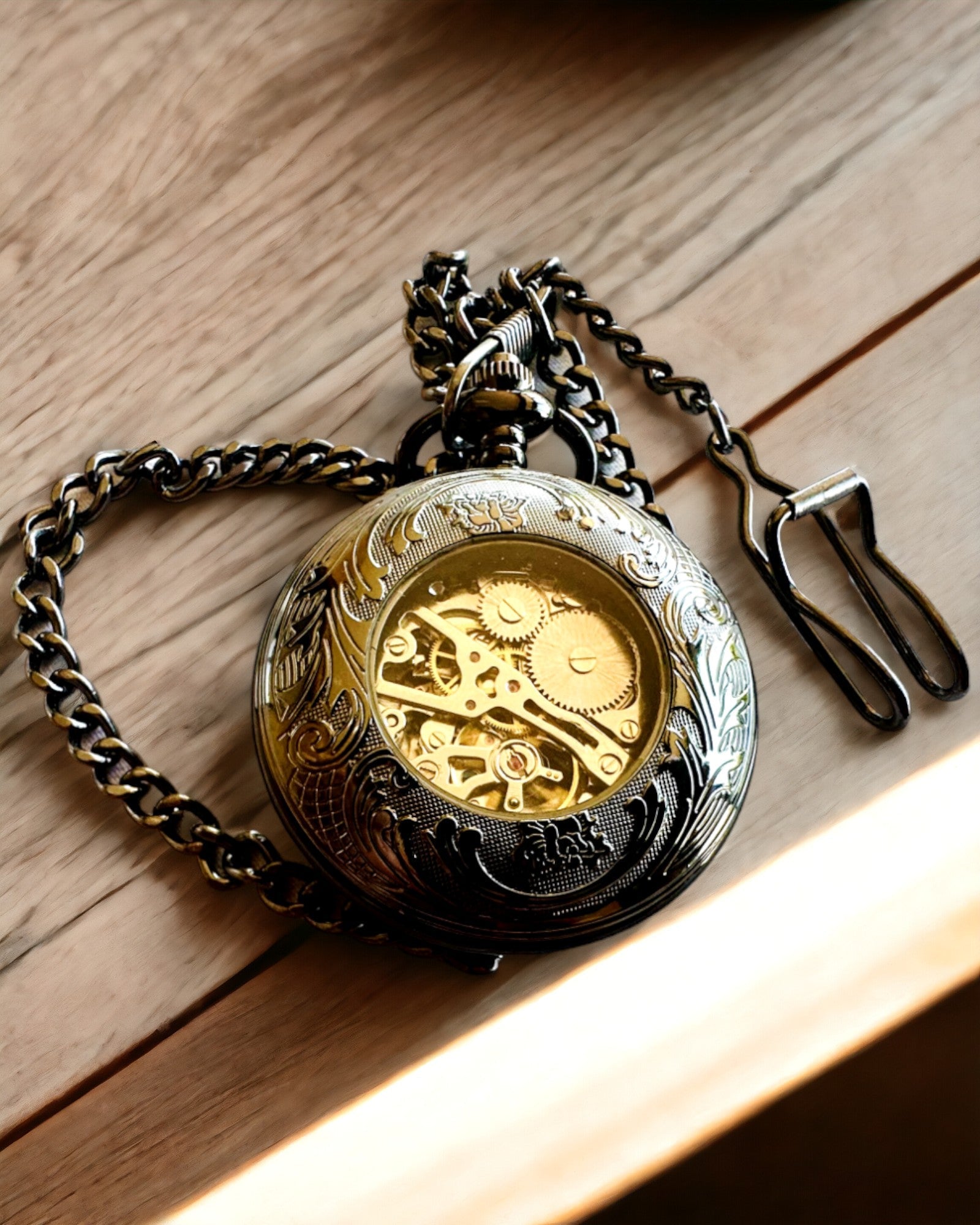 Pocket Watch "Equus Tempus" - Black with Horse Motif, personalization option with engraving - white dial