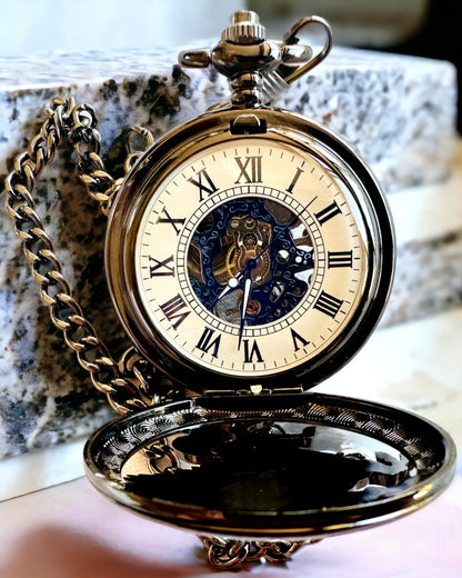 Pocket Watch "Equus Tempus" - Black with Horse Motif, personalization option with engraving - white dial