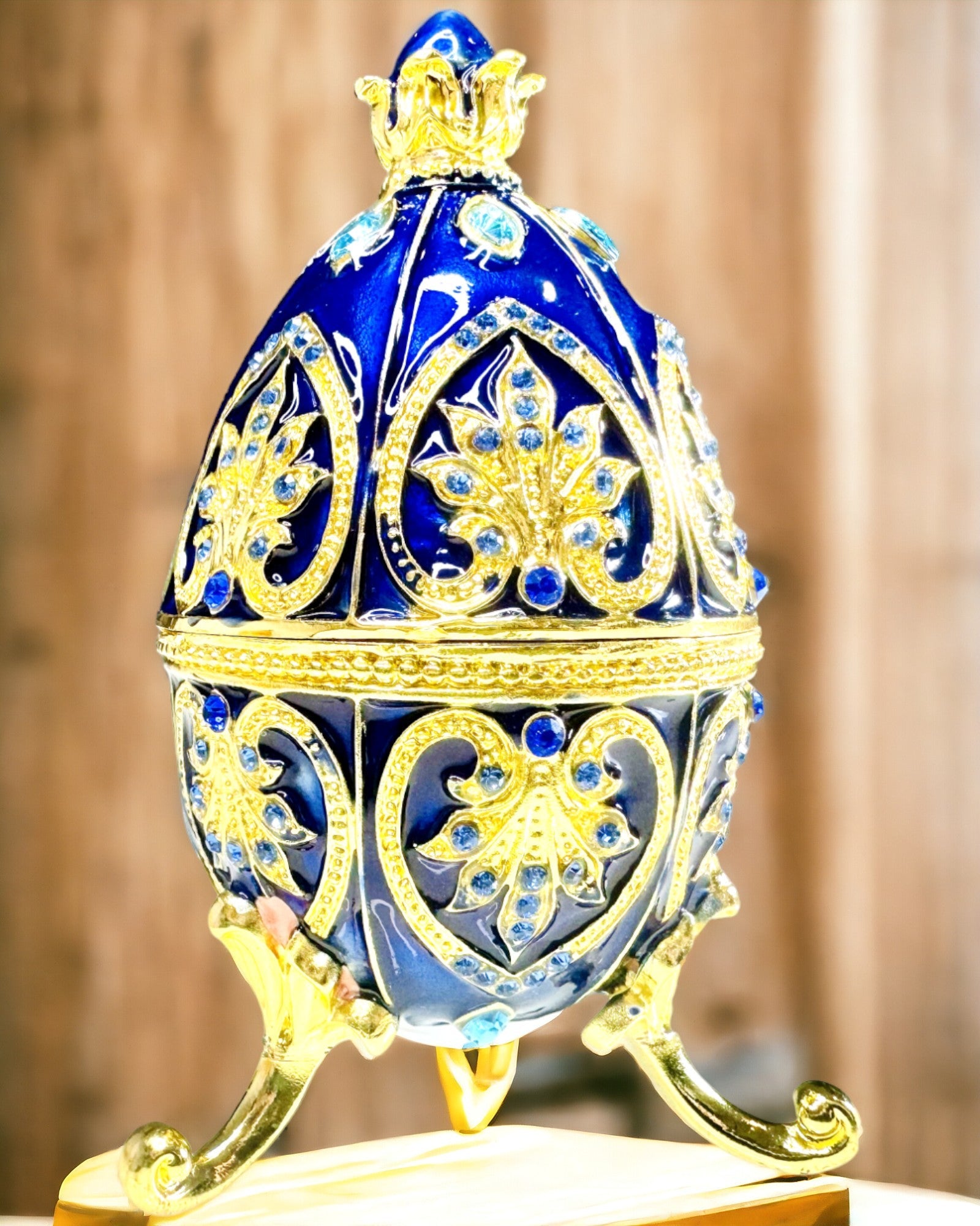 Išskirtinis Faberge Kiaušinis - tamsiai mėlynos spalvos - Dekoratyvi Papuošalų Dėžutė iš Emalės