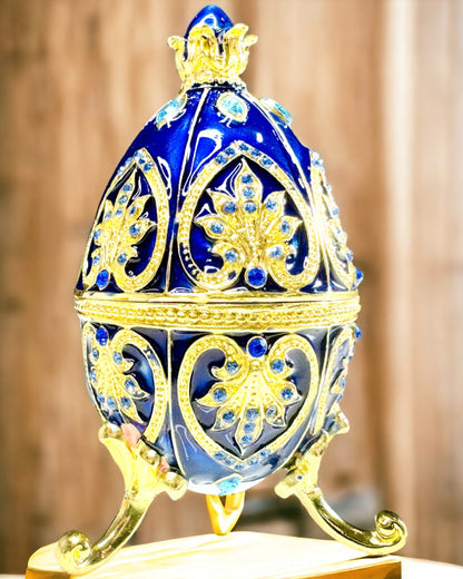 Išskirtinis Faberge Kiaušinis - tamsiai mėlynos spalvos - Dekoratyvi Papuošalų Dėžutė iš Emalės