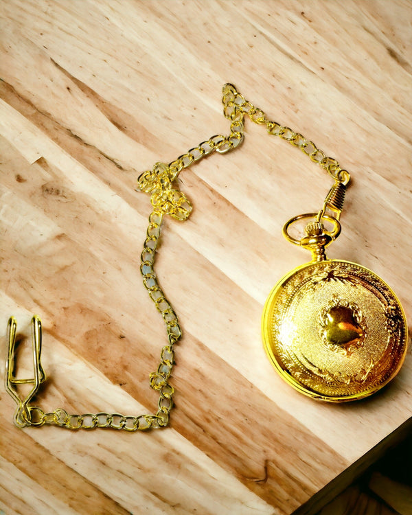 Gold-Colored Vintage Pocket Watch with Carvings - Elegant Men's Accessory, Perfect Gift Idea