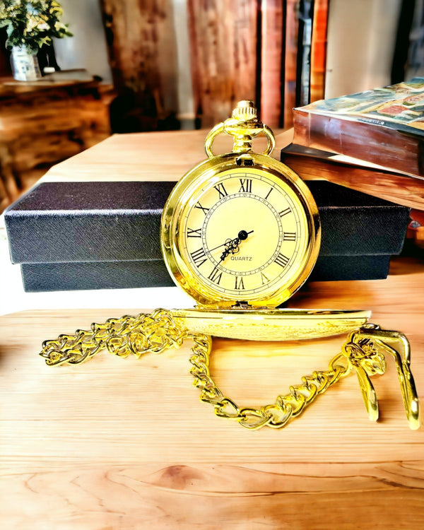 Gold-Colored Vintage Pocket Watch with Carvings - Elegant Men's Accessory, Perfect Gift Idea