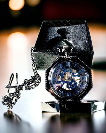 Classic Octagonal Mechanical Pocket Watch Steampunk in Black, Engraving