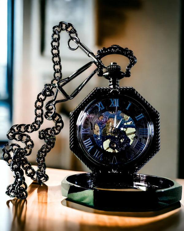 Classic Octagonal Mechanical Steampunk Pocket Watch in Black, Engraving