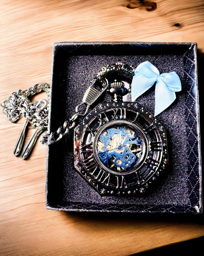 Classic Octagonal Mechanical Pocket Watch Steampunk in Black, Engraving