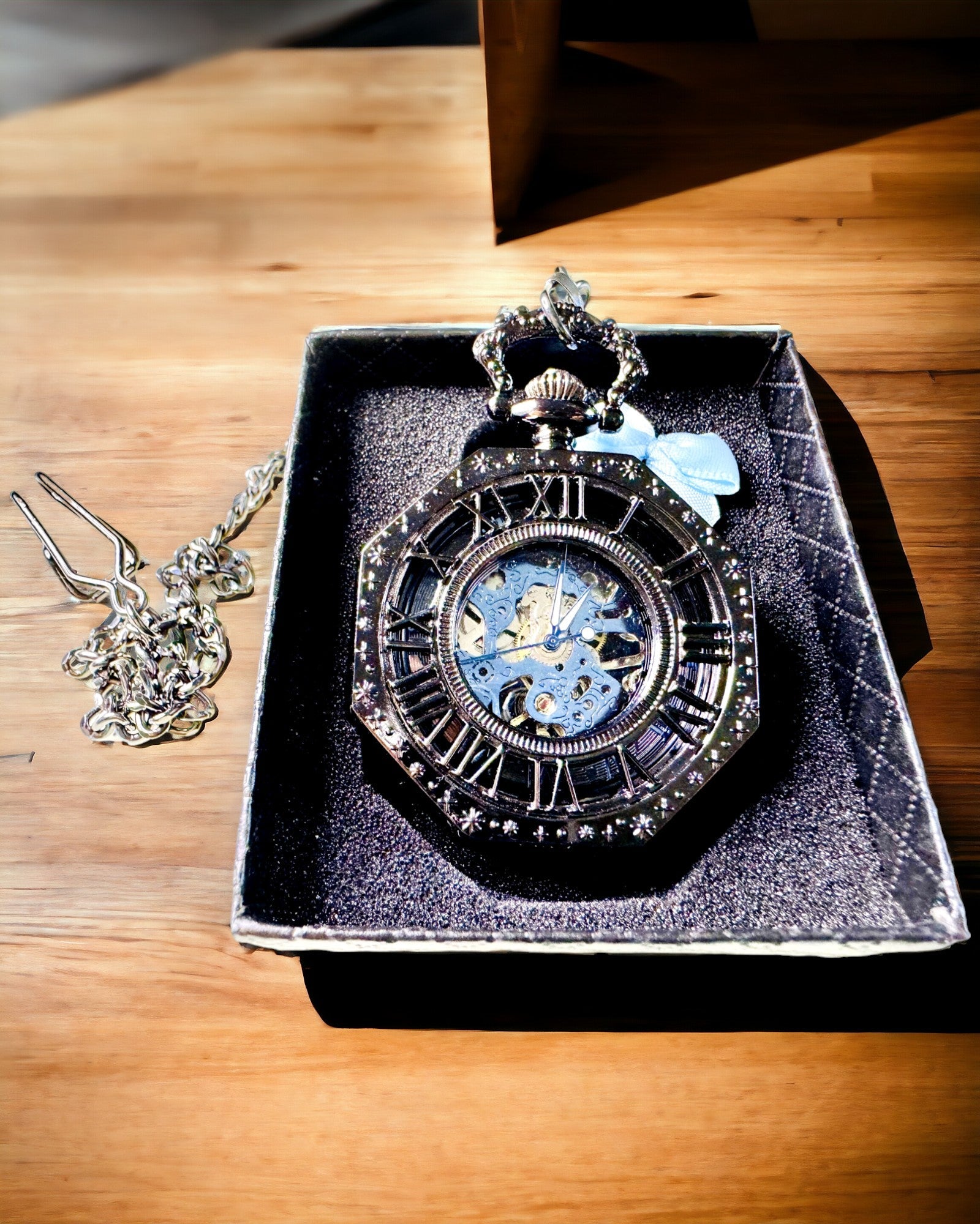 Classic Octagonal Mechanical Pocket Watch Steampunk in Black, Engraving