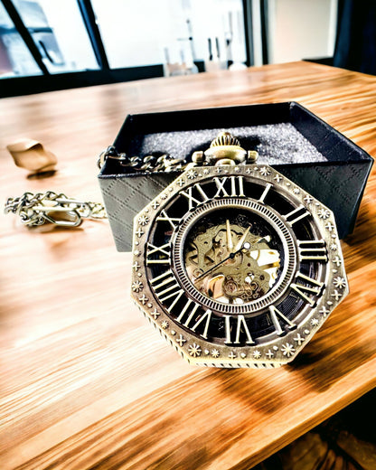 Classic Octagonal Brown Color Pocket Watch Mechanical in Steampunk Style - Timeless