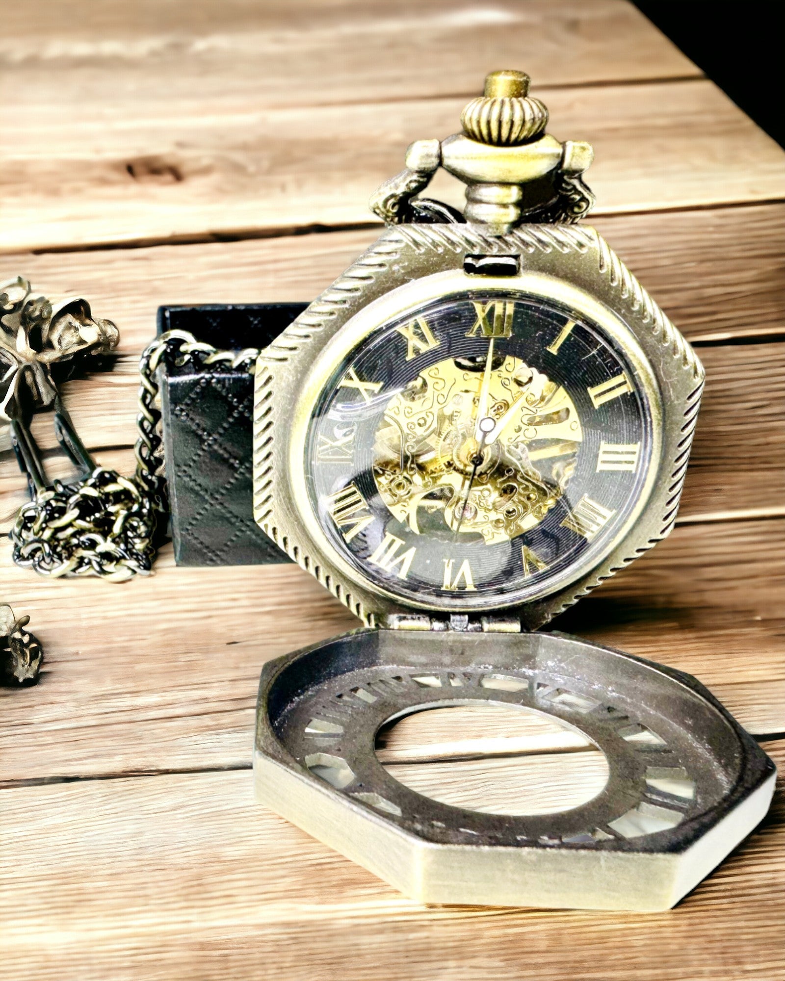 Classic Octagonal Brown Color Pocket Watch Mechanical in Steampunk Style - Timeless