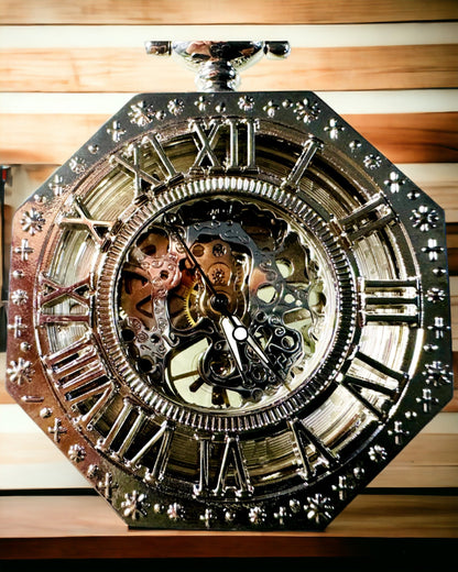 Classic Silver Octagonal Mechanical Pocket Watch with Skeleton Dial in Steampunk Style