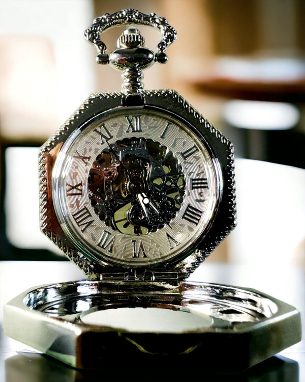 Classic Silver Octagonal Mechanical Pocket Watch with Openwork Dial in Steampunk Style