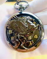 Pocket Watch "Equus Tempus" - Black with Horse Motif, can be personalized with engraving - white dial