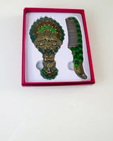 Vintage Mirror and Comb Set in Peacock Pattern - Decorative Cosmetic Accessories