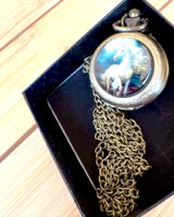 Unicorn Elegance pocket watch with chain, unicorn motif, free custom engraving