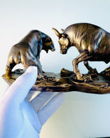 Sculpture "Two Rivals" - Bull and Bear - Financial Market Symbolism, Engravable - Copper Color