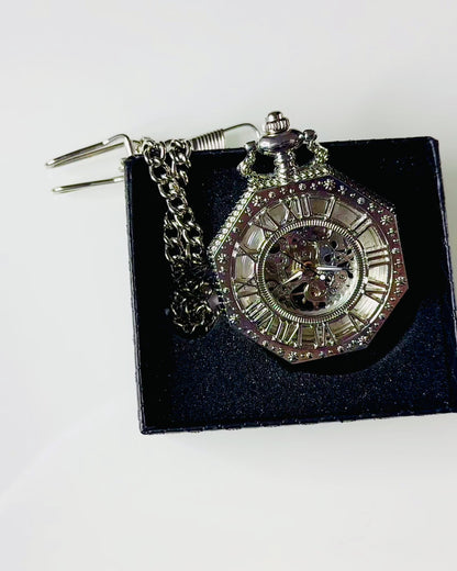 Classic Silver Octagonal Mechanical Pocket Watch with Skeleton Dial in Steampunk Style