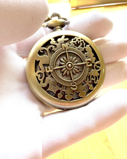 Vintage Pocket Watch with Compass Motif and Chain, Quartz, personalization with engraving