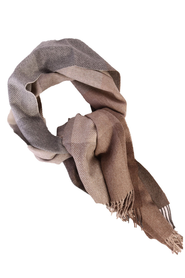 Beige-grey checked alpaca wool big scarf
